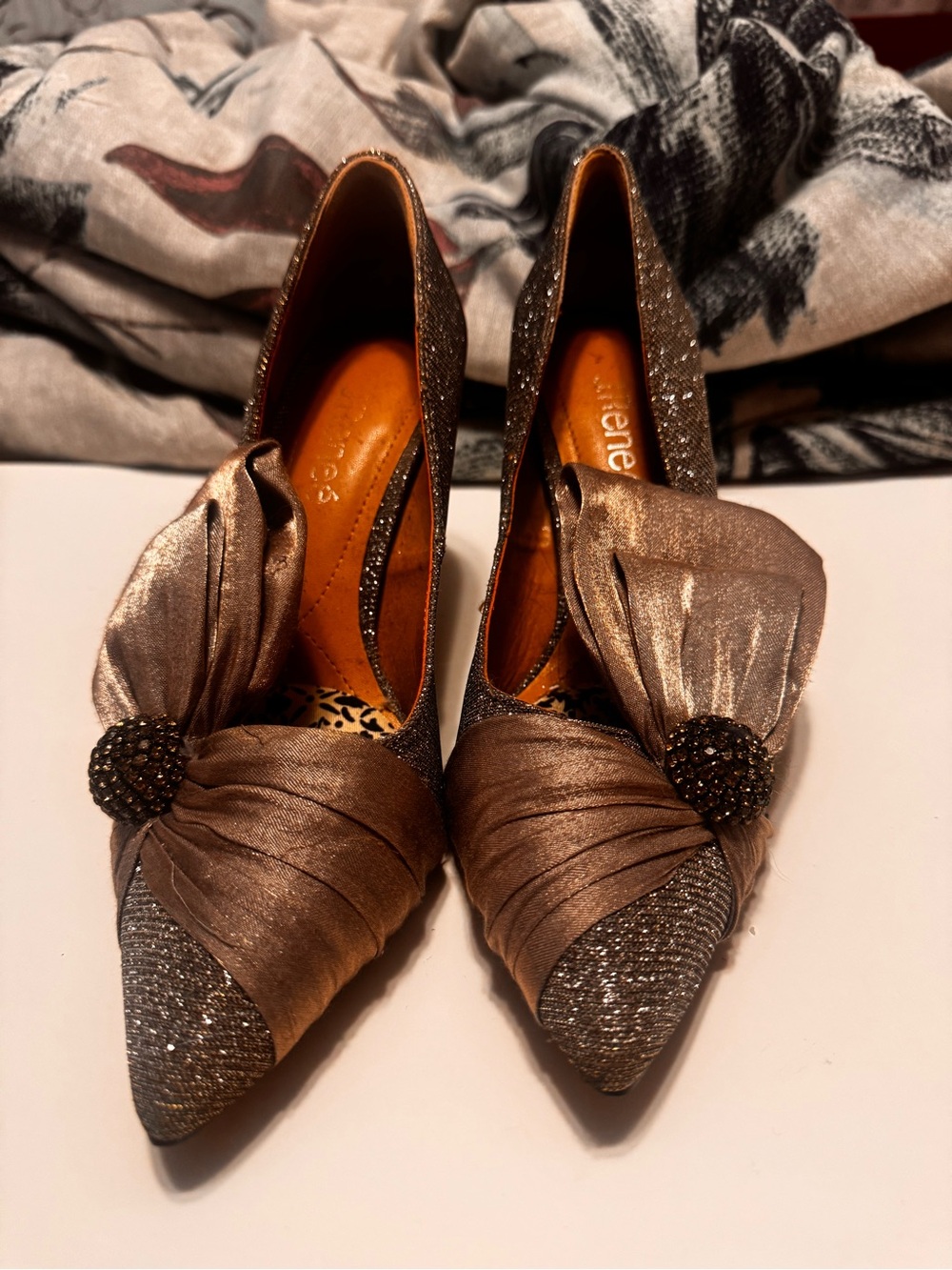 J.Renee Metallic Bronze Pointed Toe Evening Pumps with Bow Accent